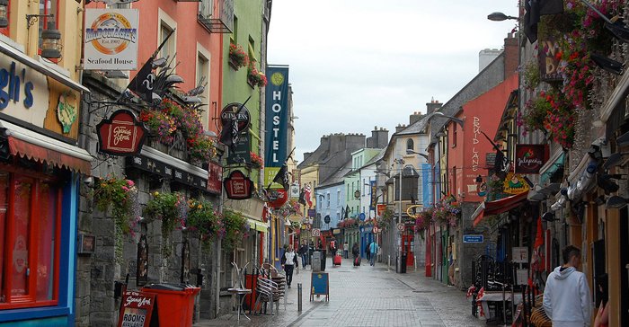 You can see a vibrant street in Galway city, full of colour and some of these streets will also have street art