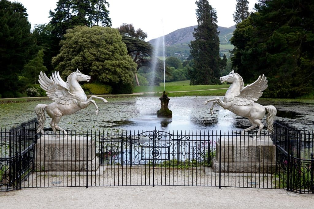 Sculptures of winged horses and a fountain at the Powerscourt House and Gardens