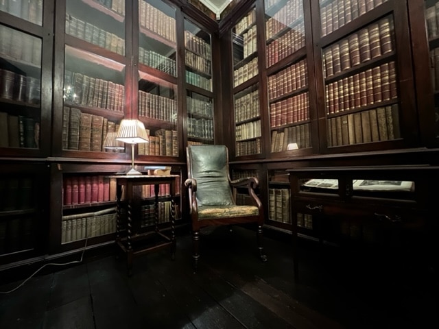 Pic 1 is slightly dark, You see a vintage chair and at its back or backdrop are the various books of the library and on one side is a lamp. Pic two shows another angle of the library. You see a wooden ladder that is up against the bookshelves, and a chair and candles too.