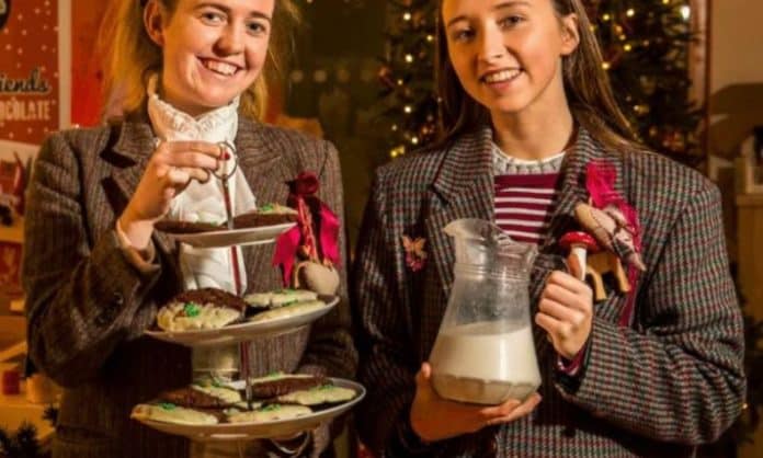 Two girls in matching outfits for a Santa & Christmas experience at Airfield Estate Dublin hold out treats for Santa Claus