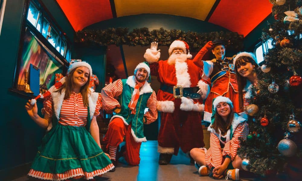 Santa Claus is at the centre of the photograph and he is surrounded by elves and on the side is a Christmas tree with bright ornaments 