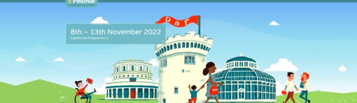 It's a graphic like illustration depicting the Dublin castle and woman and a child and is for the Dublin Book Festival