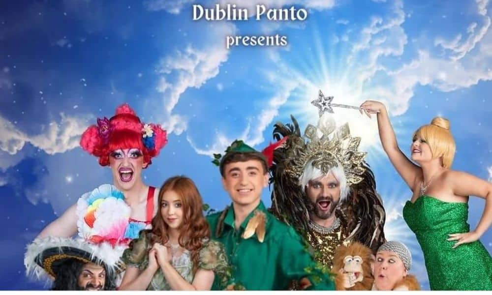 An ensemble of colourful characters dressed up for the Pantomime Peter Pan - a production that takes place in Dublin by Dublin Panto