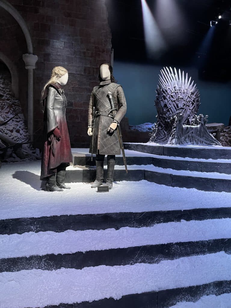 Two characters (statues) inside the studio tour in wearing their costumes and weaponry