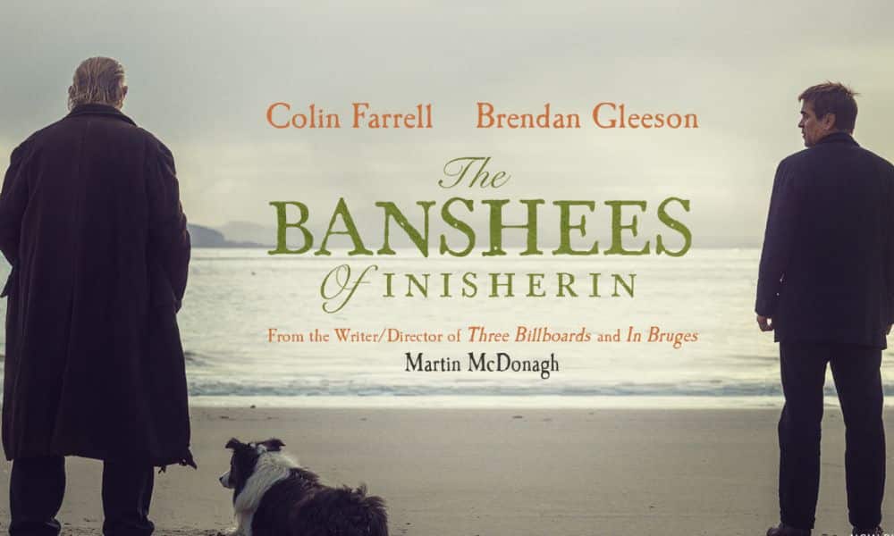 Shows Colin Farrell and Brendan Gleeson with their backs and dog and the landscape of West coast of Ireland