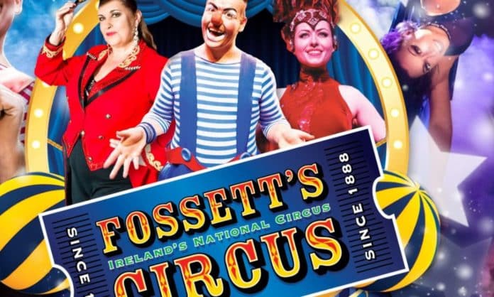 A screenshot of Fossett's Circus poster - it shows a clown, performers in colourful costumes and the inside of a tent