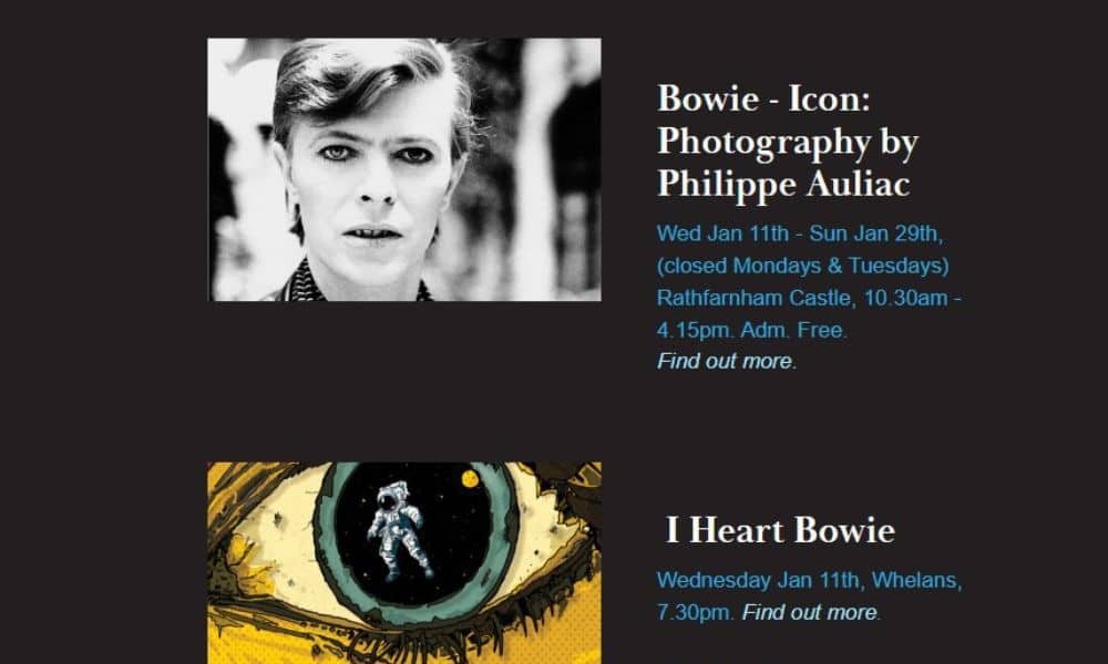 A screenshot from Dublin Bowie 2023 festival page that depicts Bowie in a black and white photograph and an eye graphic