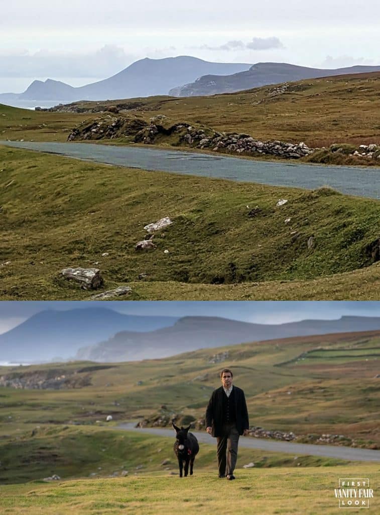 A photograph in which the top part is the actual location and the bottom part is a shot from the movie and you can see the actual location and Colin Farrell walking along side a donkey