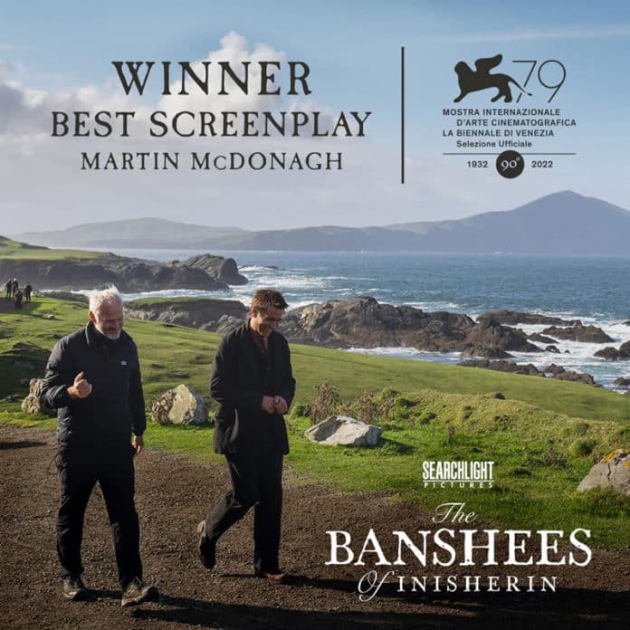 The poster for Banshees of Inisherin showing lead actors in Ireland's scenic West Coast