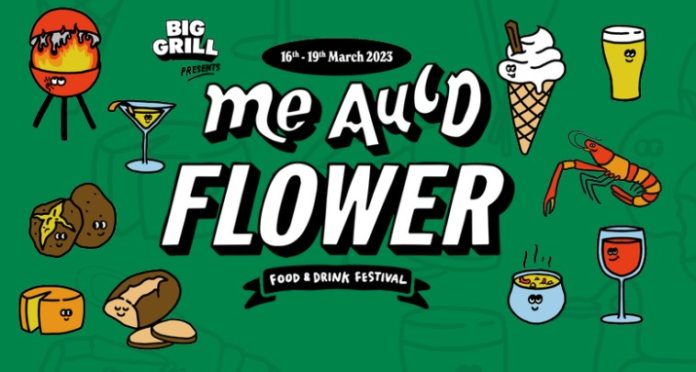 Me Aud Flower - a food and drink festival's poster in green and black and white. It shows a cone of ice cream, a burger, a coffee