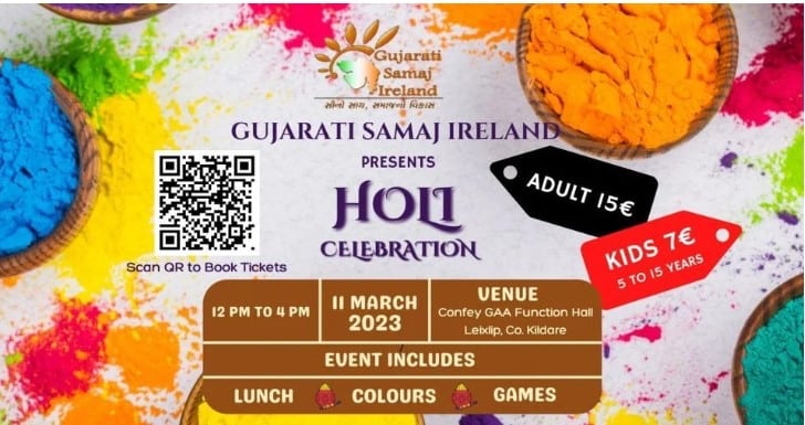 A poster for Gujarati Samaj Ireland Holi Celebrations with designs of bowls of colours in the background