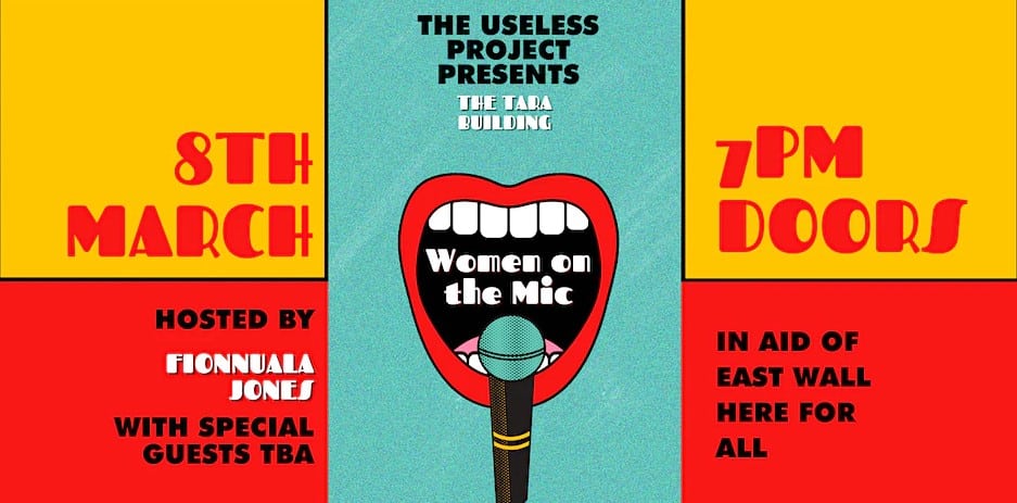 Open Mic Poster for International Women's Day 2023 shows a graphic of a mouth and mic and relevant details 
