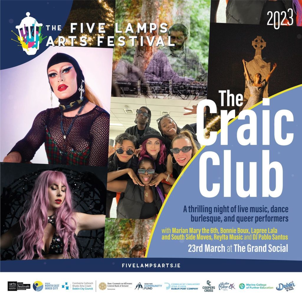 Digital poster of the Five Lamps Arts Festival with burlesque dancer, performers and musicians 