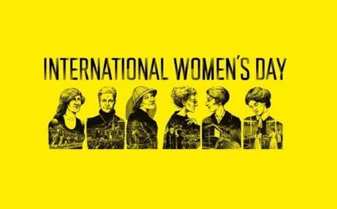 Sketches of trailblazing Irish women in black set against a yellow background with text: International Women's Day