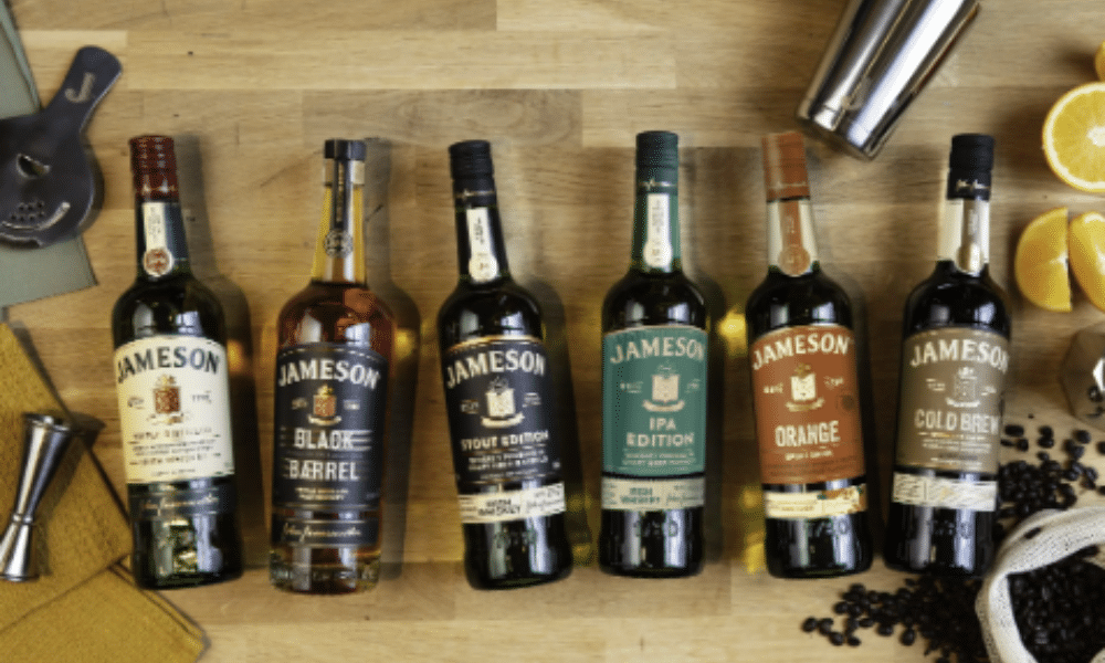 Various bottles of Jameson whiskey arranged together at the Jameson distillery tour 