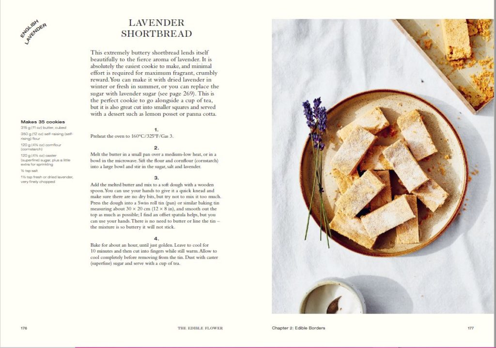 A page from The Edible Flower with a recipe of Lavender Shortbread and accompanying pic