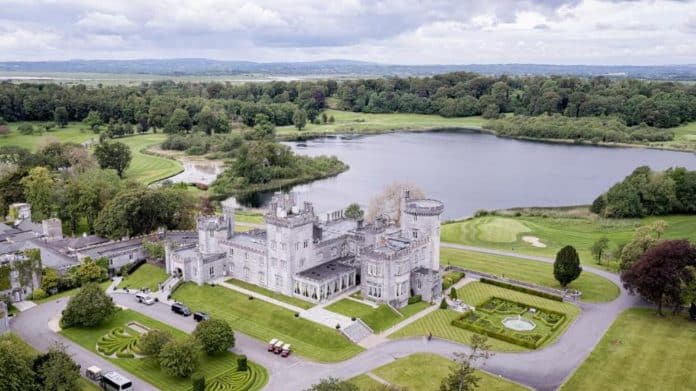 Aerial view of an Irish country hotel with parklands and water bodies